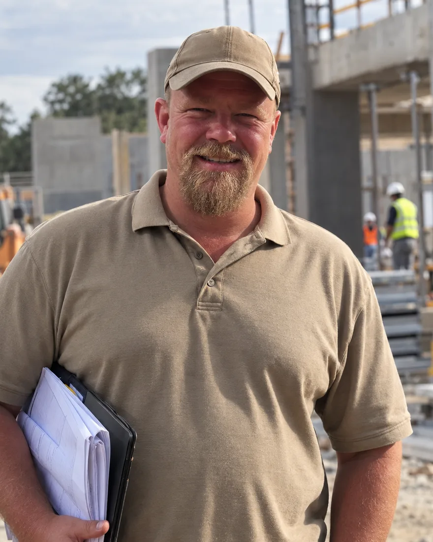 Hank Cronje on a commercial construction site, holding project drawings